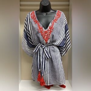 Striped Kaftan with Red Embroidery